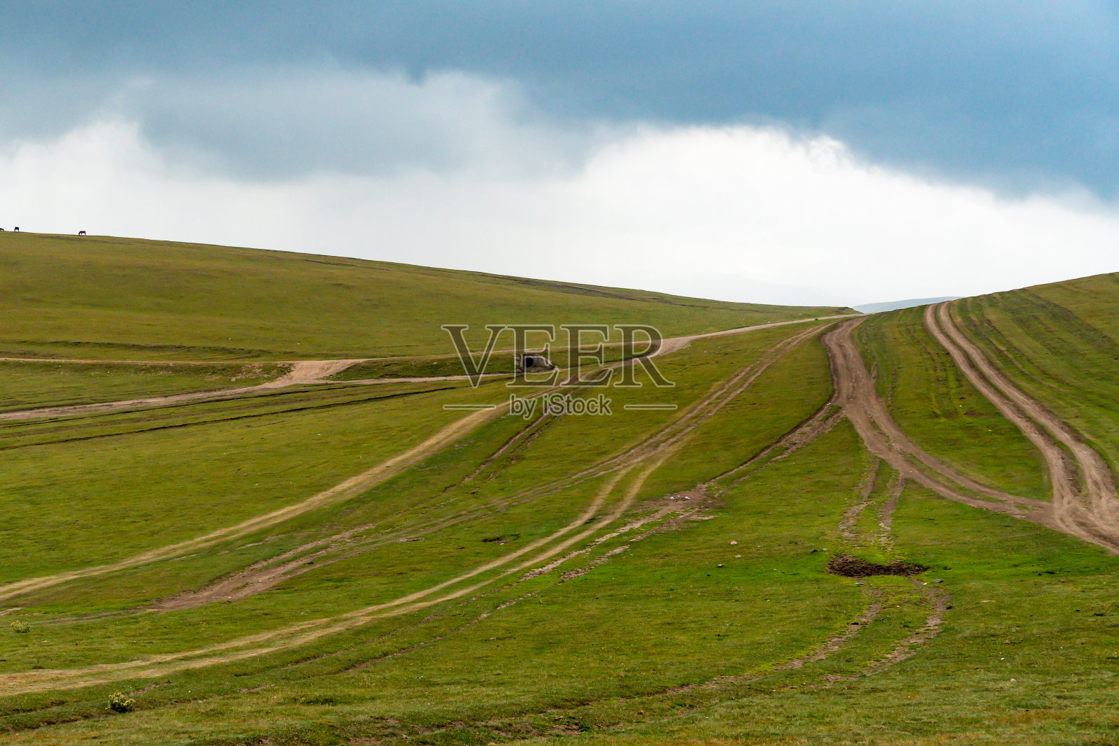 山脚下山谷里一望无际的大草原。俯瞰青山。山上，绿树成荫照片摄影图片