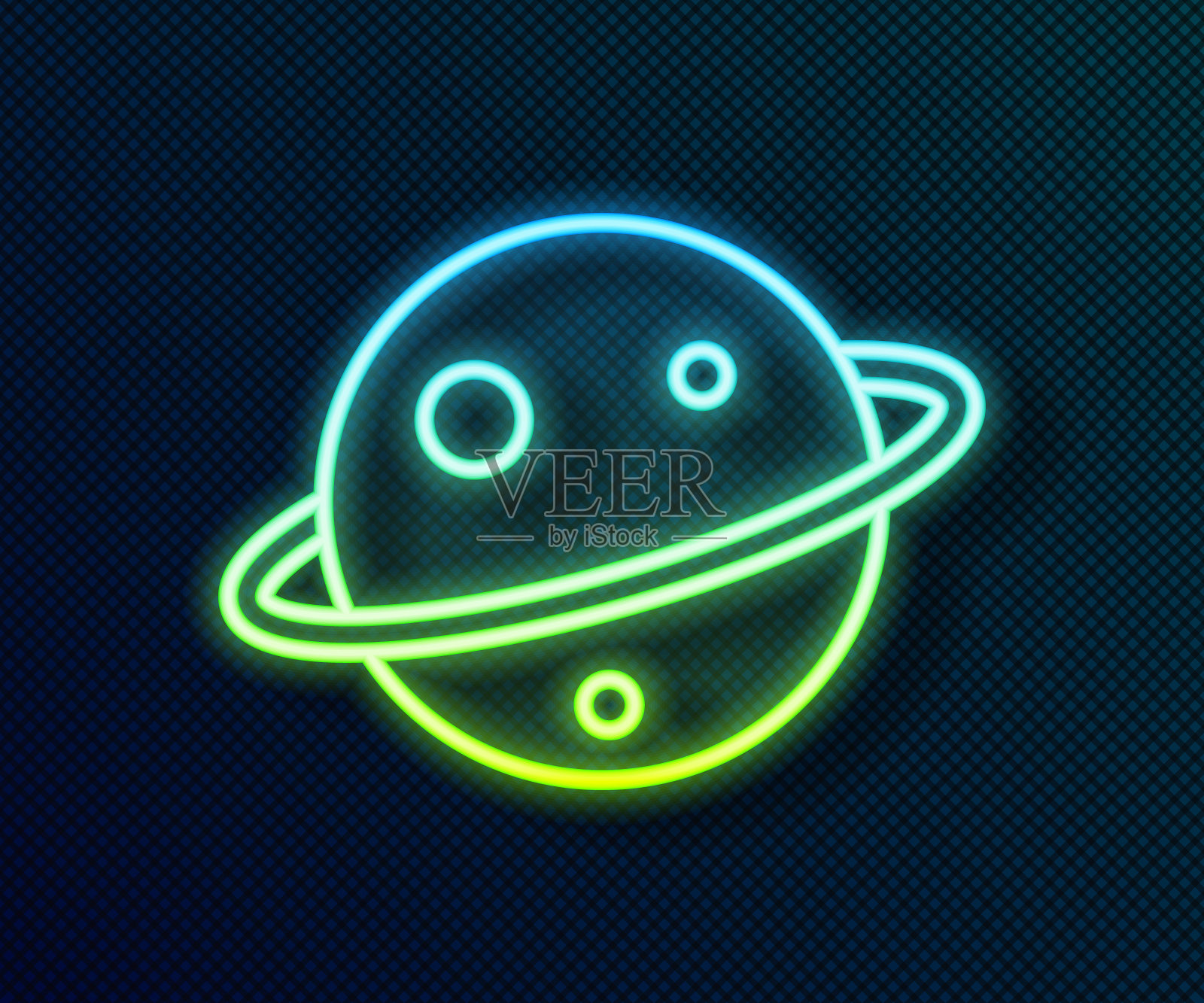 发光的霓虹灯线行星土星与行星环系统图标孤立在黑色背景。向量插画图片素材
