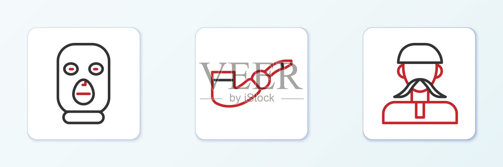 设置线乌克兰哥萨克，小偷面具和烟斗图标。向量插画图片素材