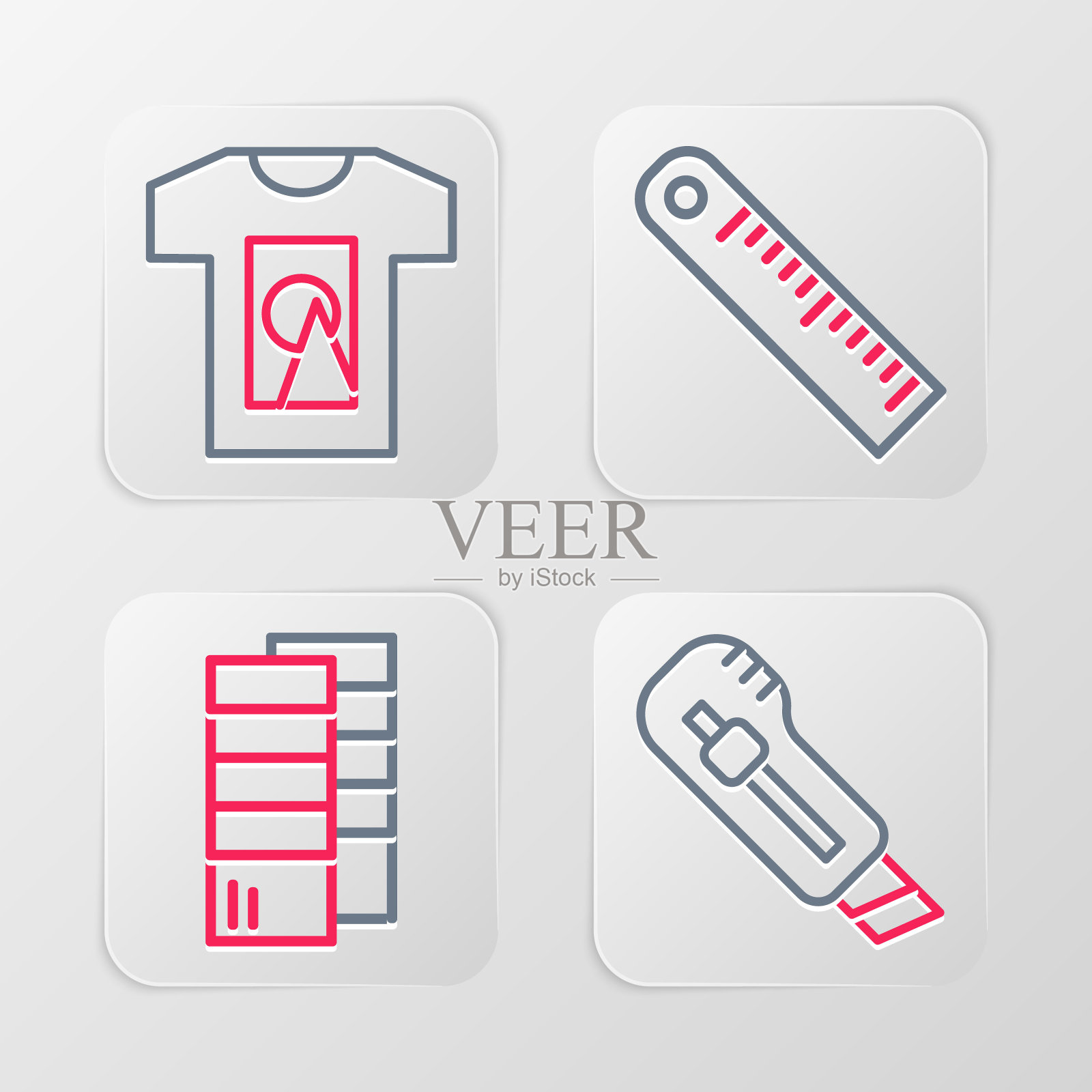 设置线文具刀，潘通，尺子和t恤图标。向量图标素材