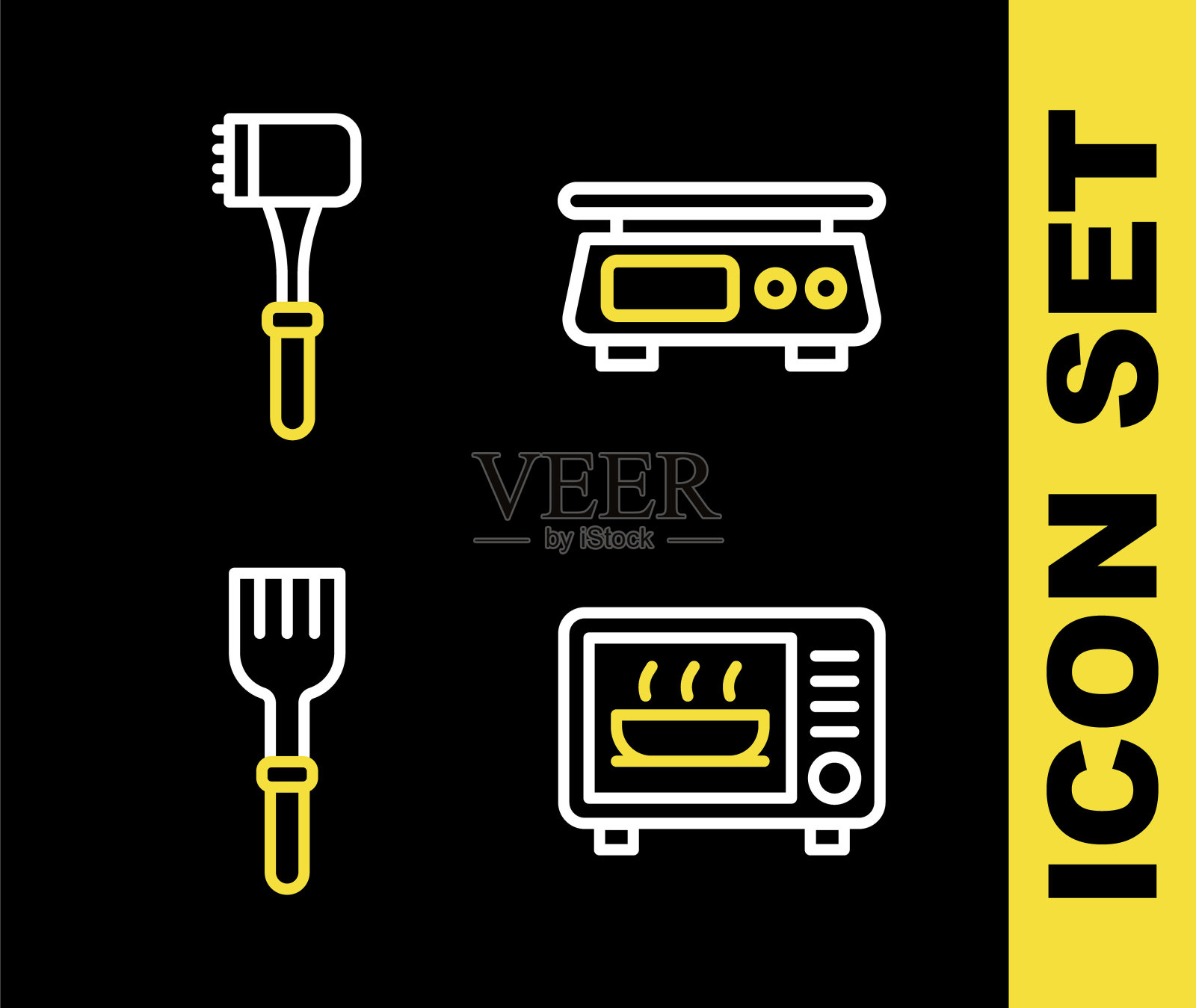 设置线电子秤，微波炉，叉子和厨房锤图标。向量图标素材