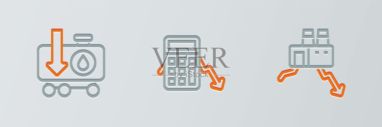 设置生产线关闭工厂，原油价格下降和计算费用图标。向量图标素材