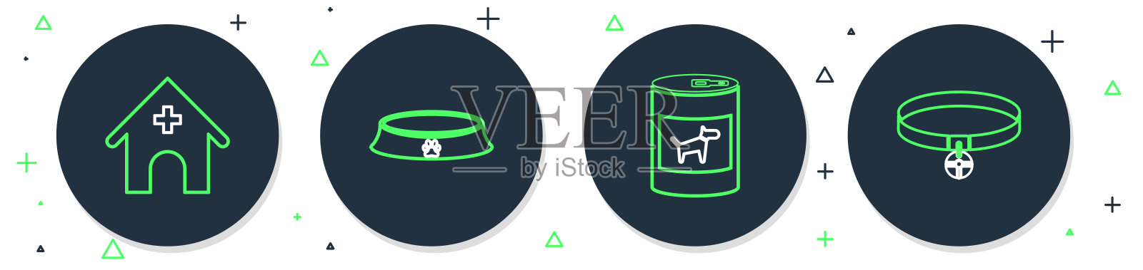 集宠物食品碗，狗罐头，兽医医院和项圈与姓名标签图标。向量插画图片素材