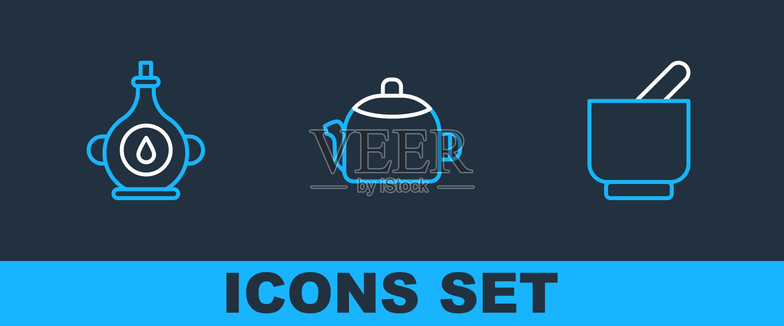 将研钵、研杵、油瓶、水壶一行，并有手柄图标。向量图标素材