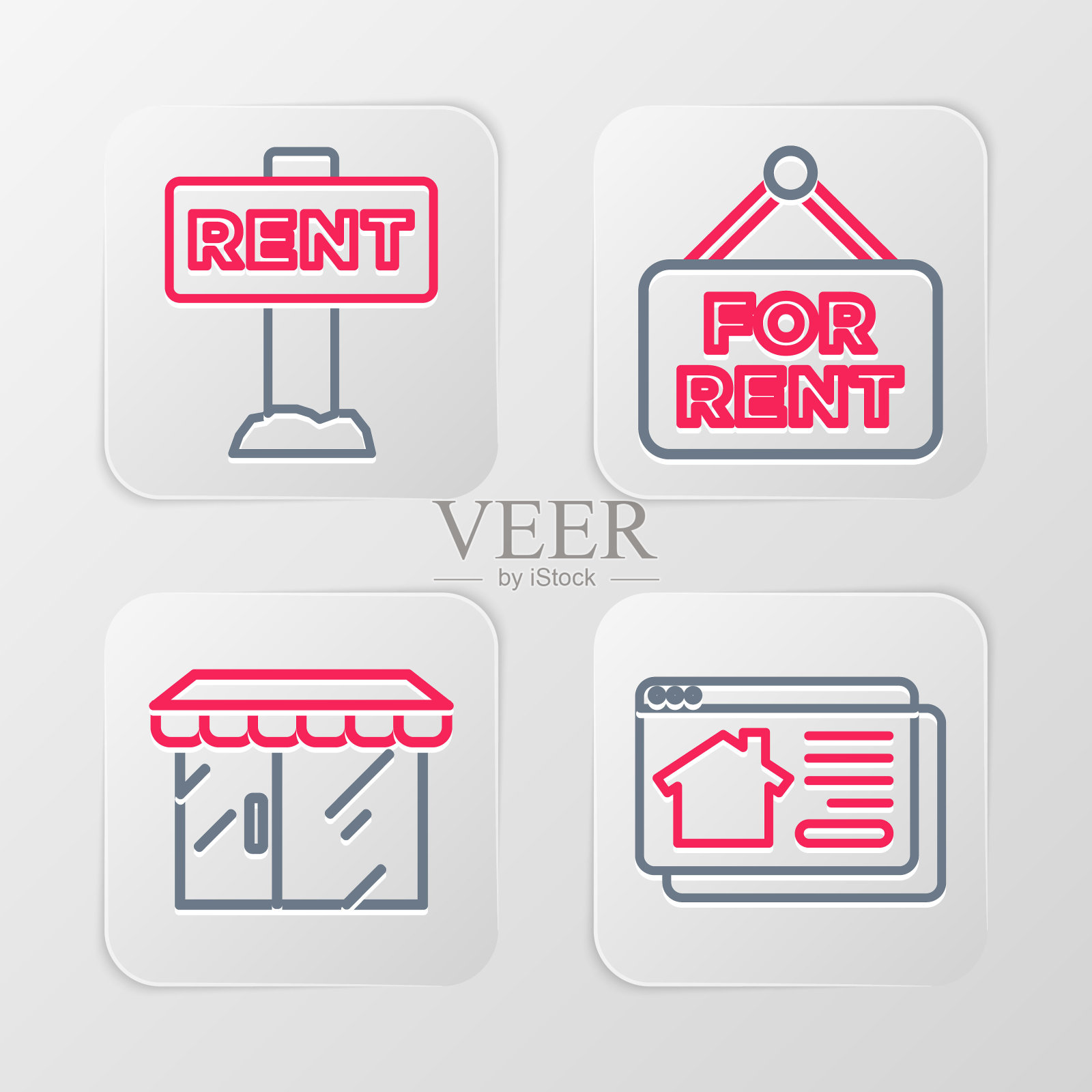 设置在线房地产，市场商店，吊牌出租和图标。向量图标素材