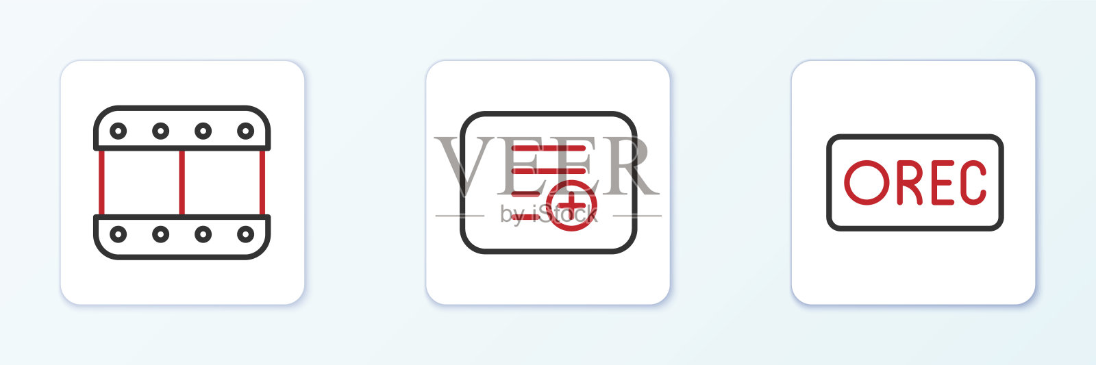 设置线路录制按钮、播放视频按钮和添加播放列表图标。向量图标素材