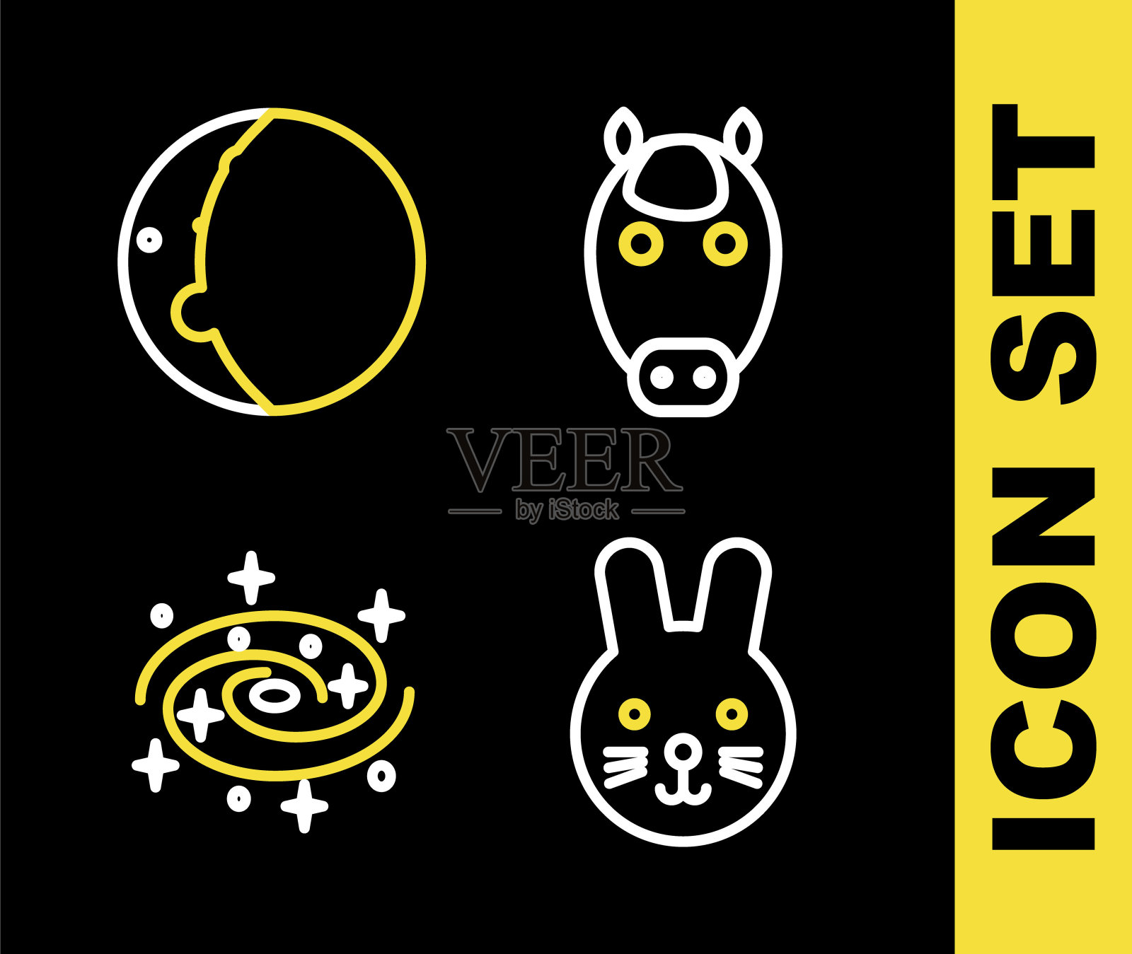 设置十二生肖线马、兔、银河系螺旋星系和日蚀的太阳图标。向量图标素材