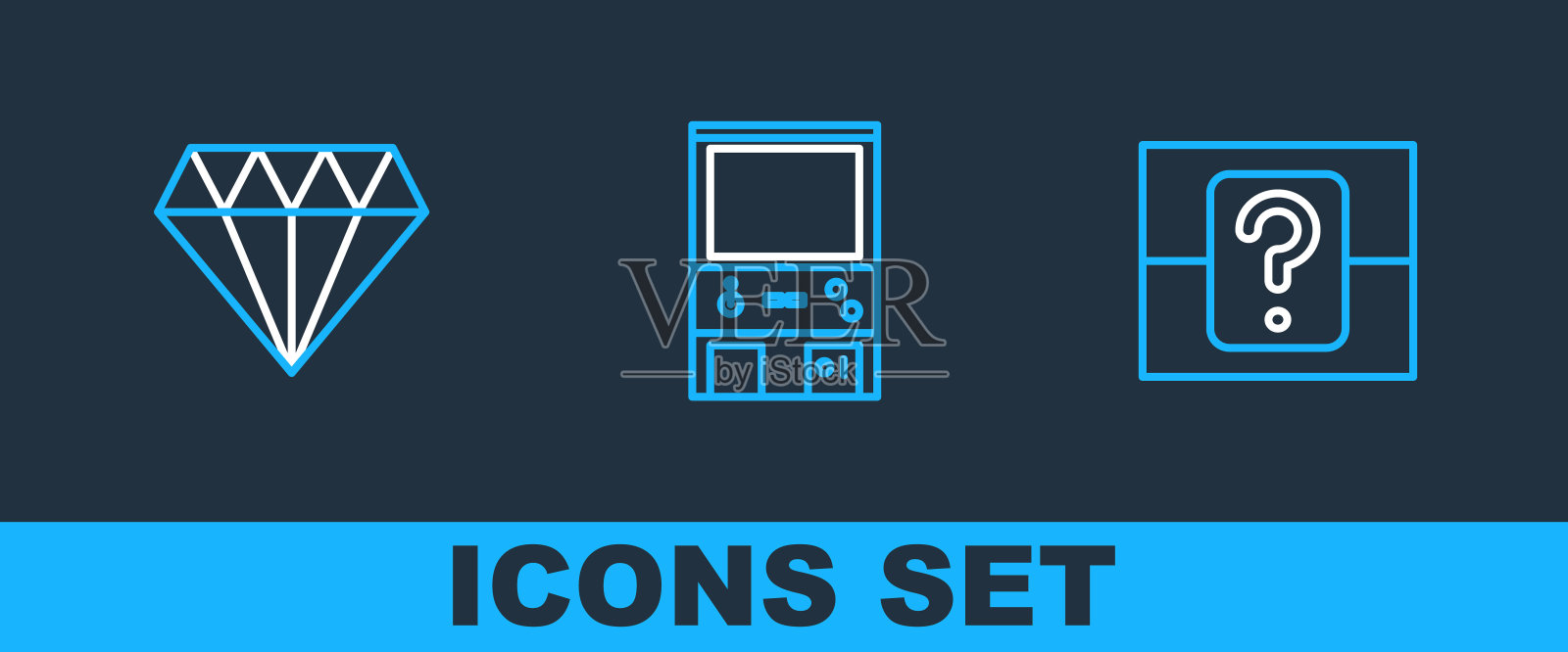 设置线神秘或随机盒子，钻石和复古街机游戏机的图标。向量图标素材