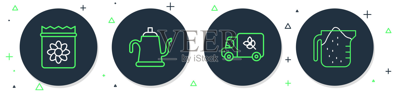 设置线洒水罐，面粉卡车，装满植物种子和测量杯图标。向量插画图片素材