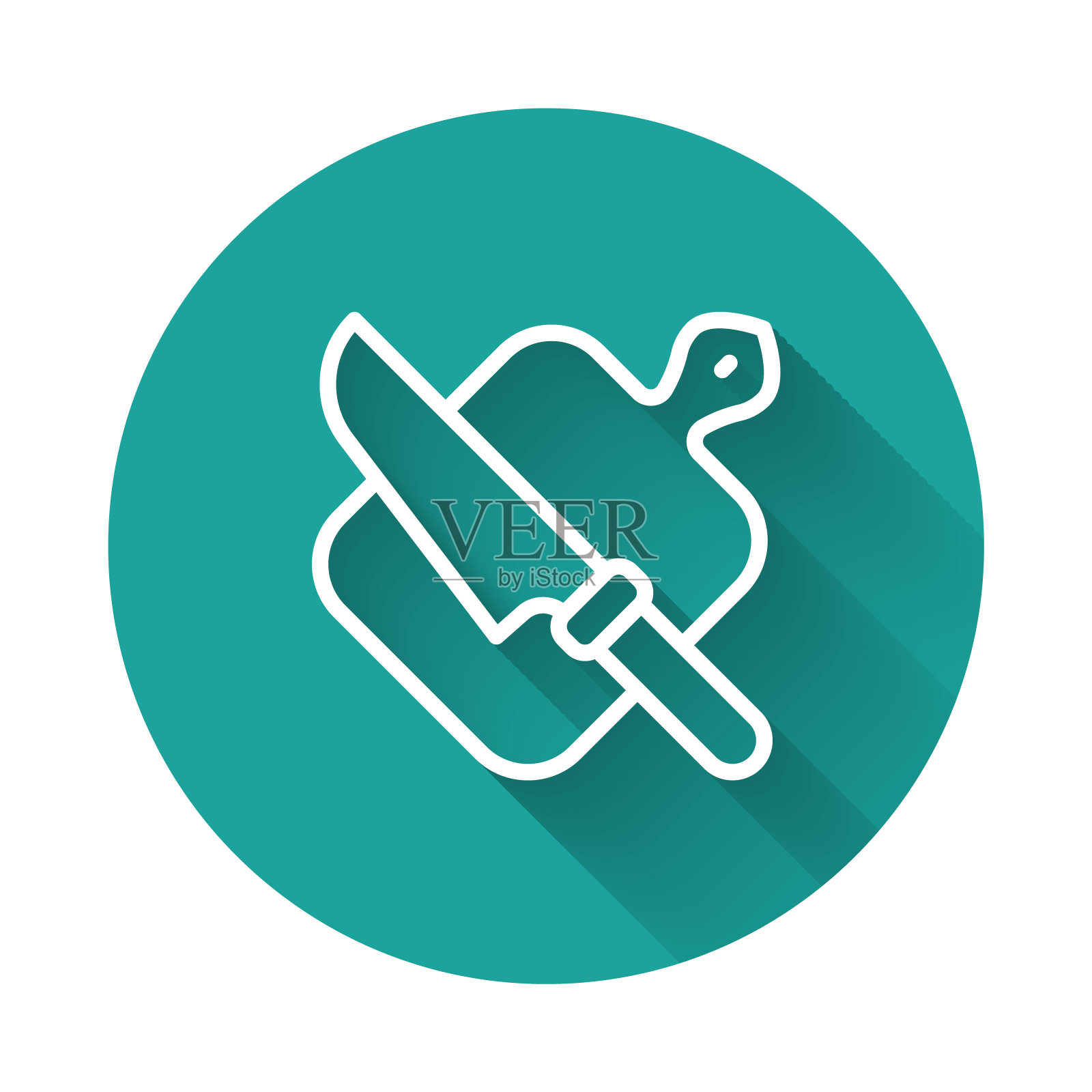 白线切割板和刀图标孤立与长阴影背景。切菜板的象征。餐具的象征。绿色圆圈按钮。向量插画图片素材