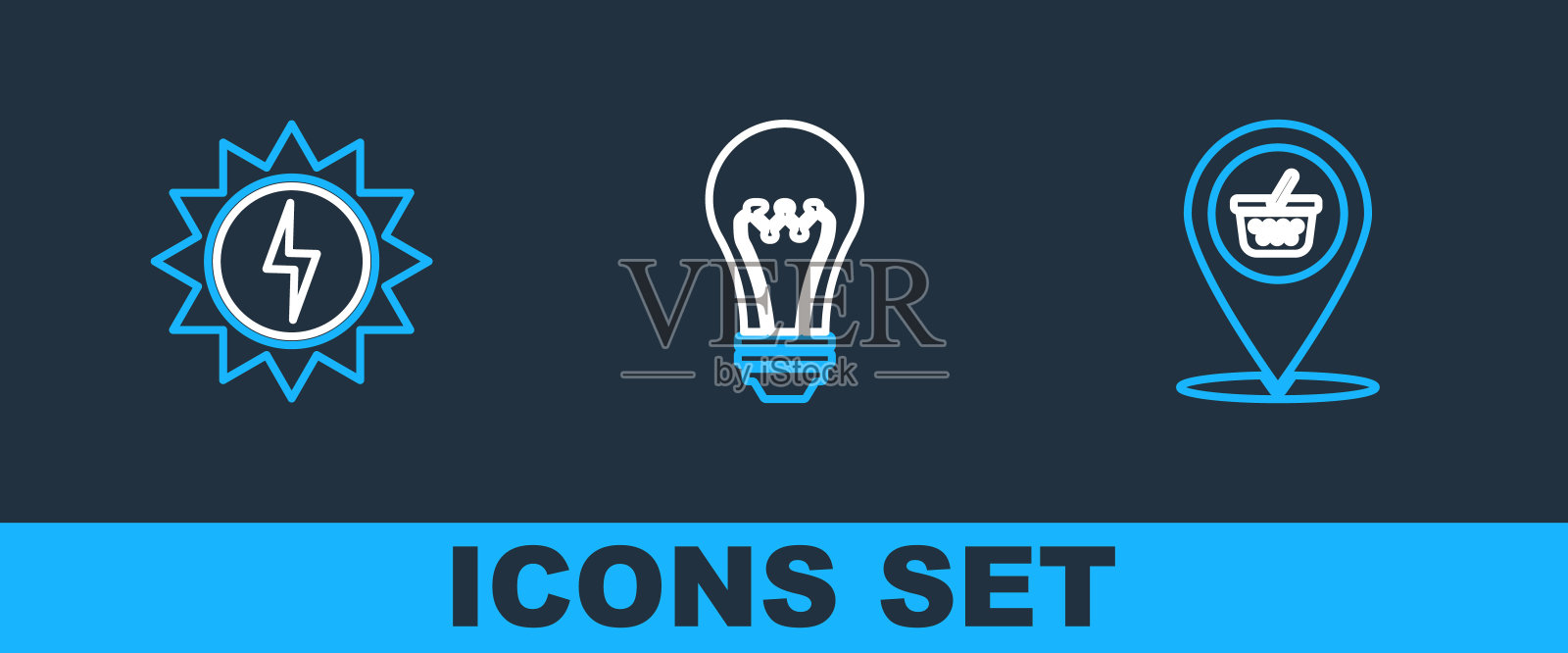 设置线位置购物篮，太阳能电池板和灯泡图标。向量图标素材