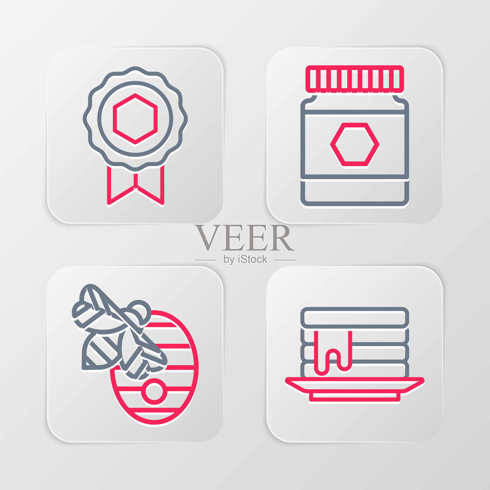 设置线堆栈煎饼，蜂箱蜜蜂，罐子蜂蜜和蜂蜜奖章图标。向量图标素材