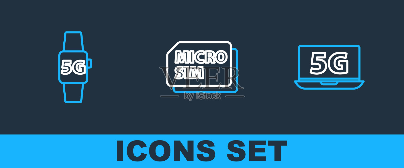 设置线上笔记本电脑与5G网络，智能手表和Micro Sim卡图标。向量图标素材