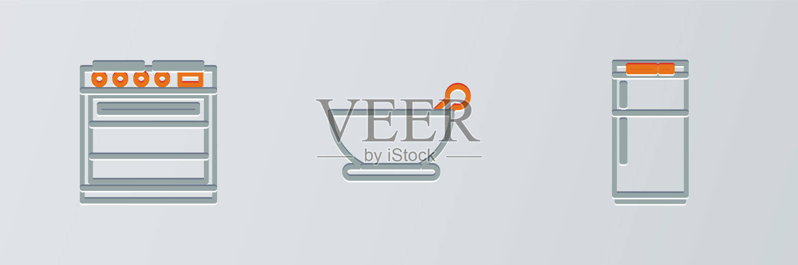 设置线冰箱，烤箱，臼和杵图标。向量插画图片素材