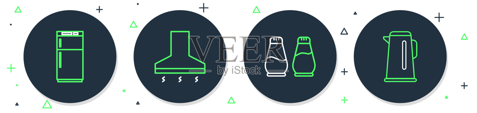 厨房抽油风扇，盐和胡椒，冰箱和水壶，带手柄图标。向量插画图片素材
