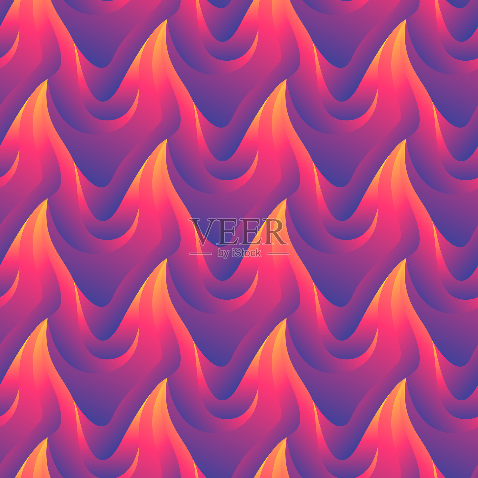 无缝图案与几何构成。明亮的抽象背景与超现实的漩涡，让人联想到梦幻般的山脉。时尚超前的背景。矢量插图。插画图片素材