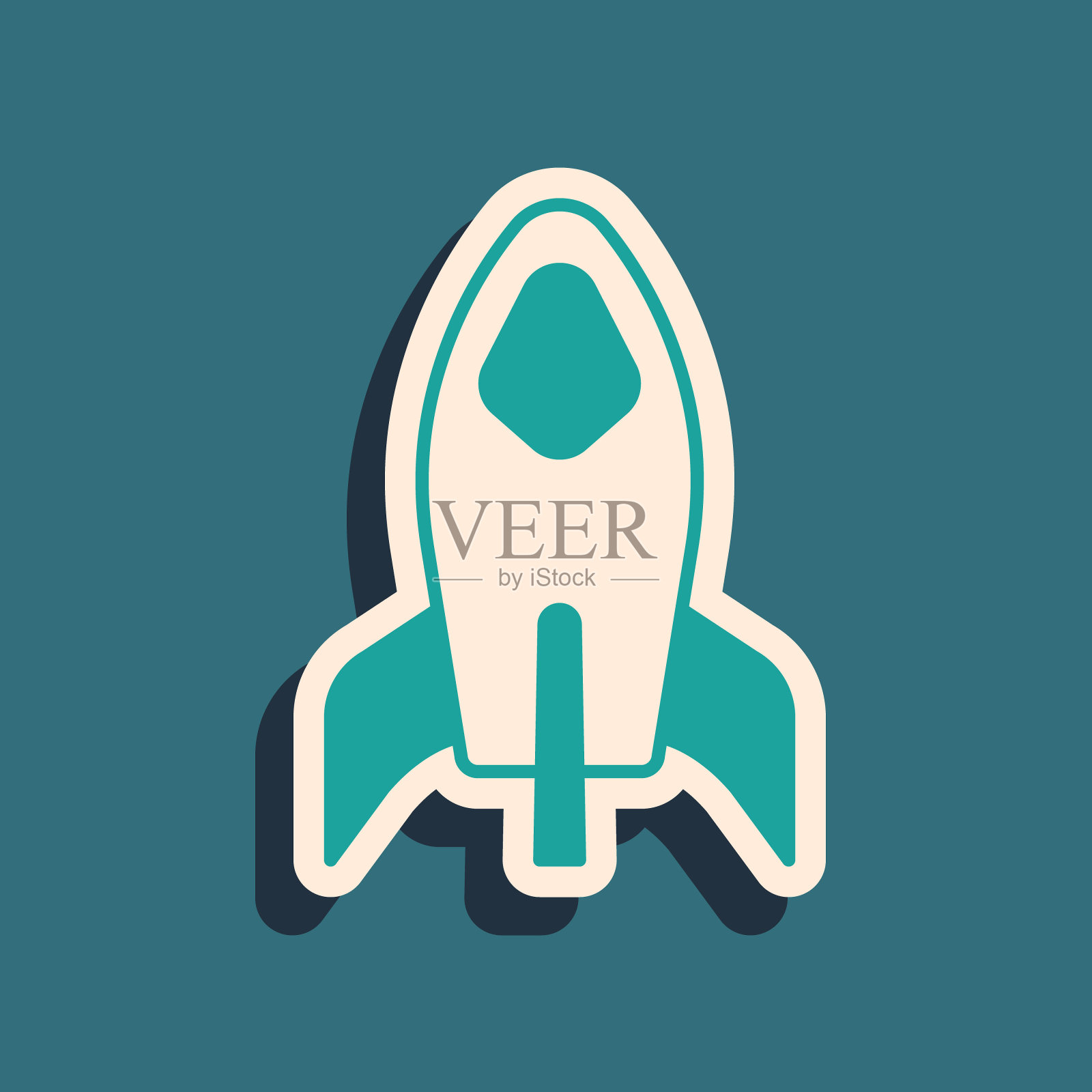 绿色火箭船图标孤立在绿色背景上。太空旅行。长长的阴影风格。向量插画图片素材