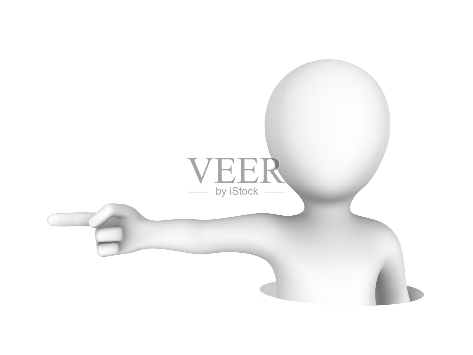 3d白人男子从洞中出来，指着左边的手指。照片摄影图片