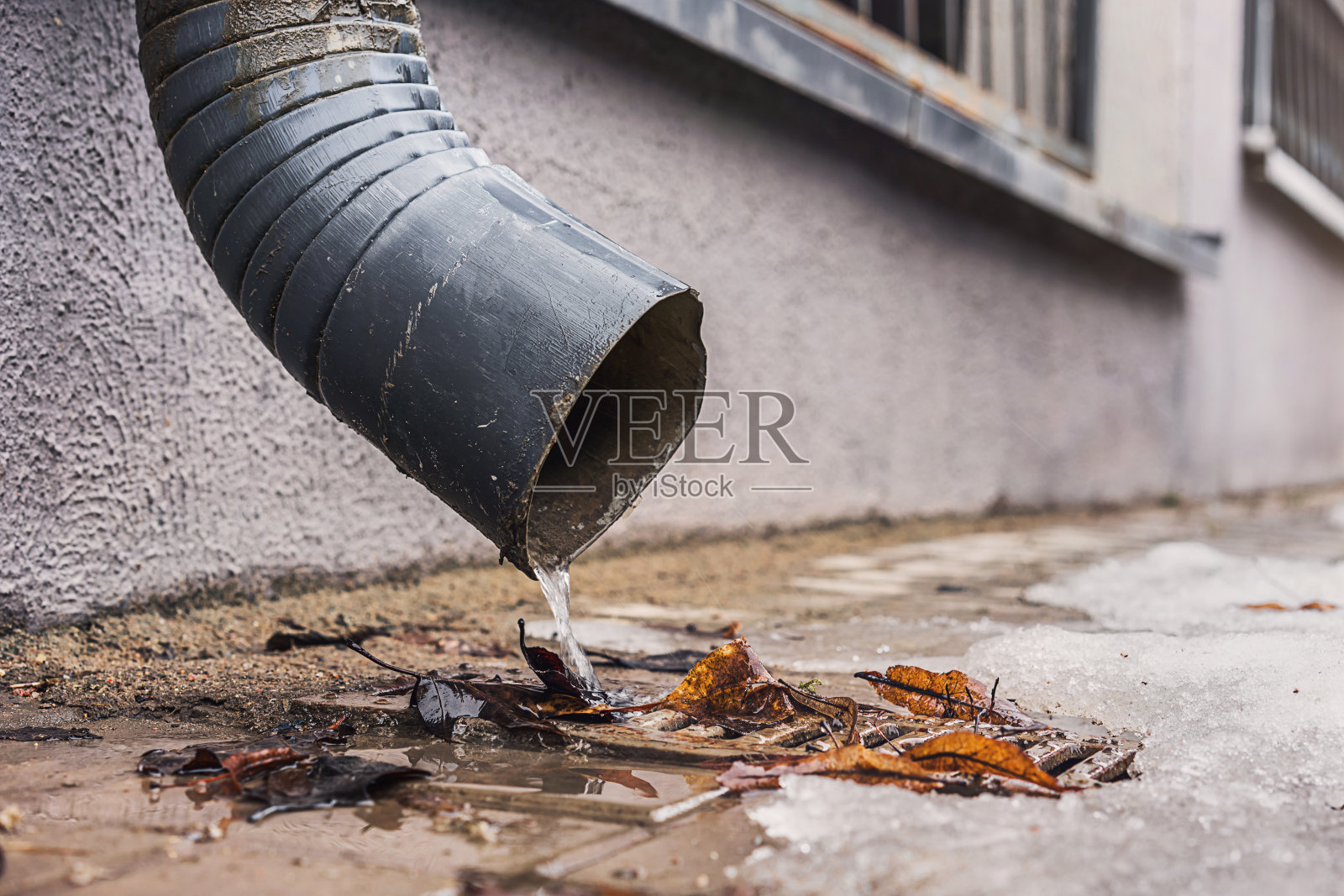 污水从排水管流向带干叶的金属格栅照片摄影图片