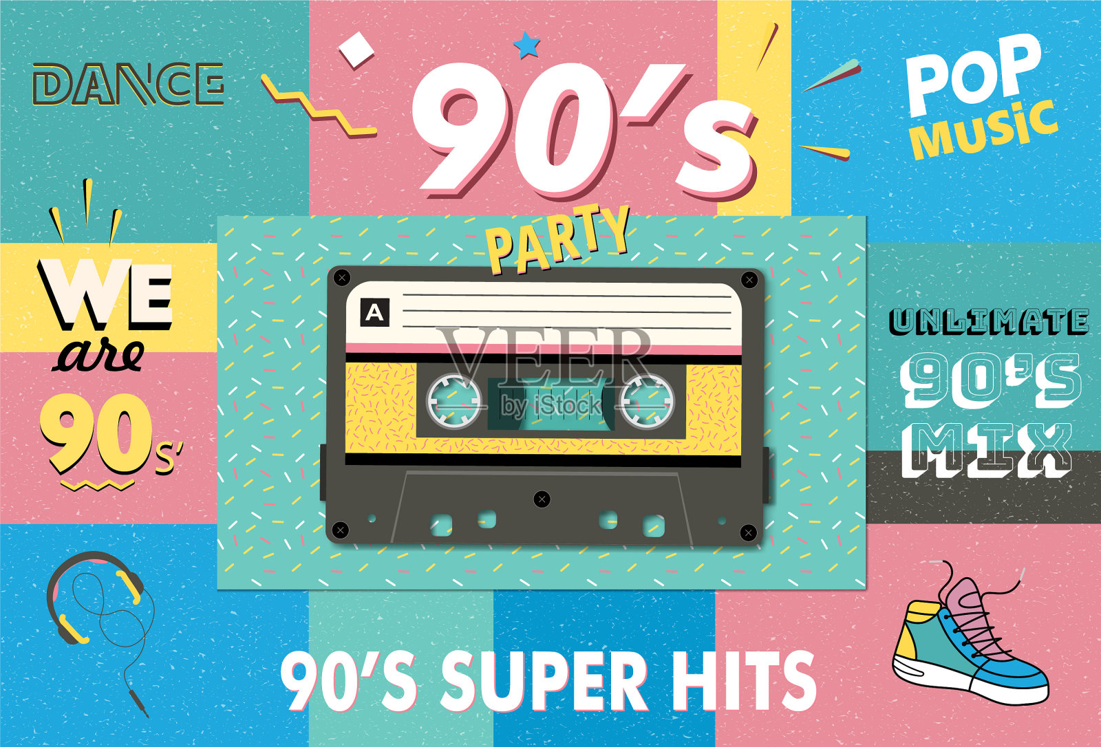 新潮。复古风格设计俱乐部。派对，背景，90年代和80年代的图像，90年代风格，流行音乐派对1990年，复古之夜。易于编辑的孟菲斯海报设计。插画图片素材