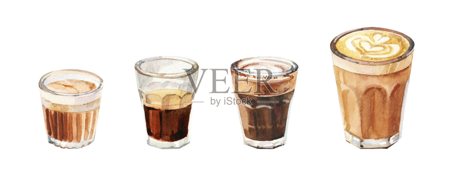 手绘水彩设置与咖啡饮料的咖啡菜单。手绘水彩咖啡杯，美式咖啡，卡布奇诺，平白，浓缩咖啡，拿铁咖啡在白色背景孤立插画图片素材