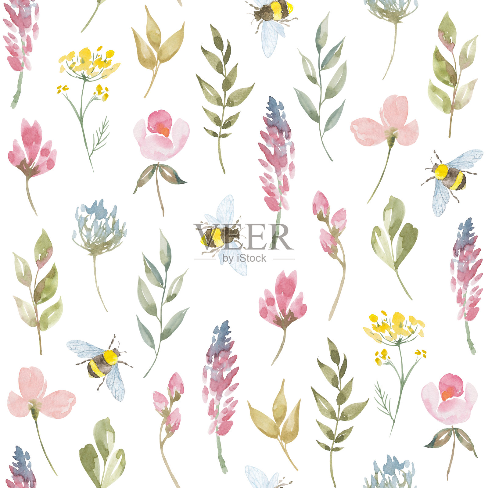 水彩植物无缝图案野生花卉和花园植物。手绘的叶子，粉红色的花，草本植物和自然元素。生日，结婚贺卡，请柬，问候，母亲节插画图片素材