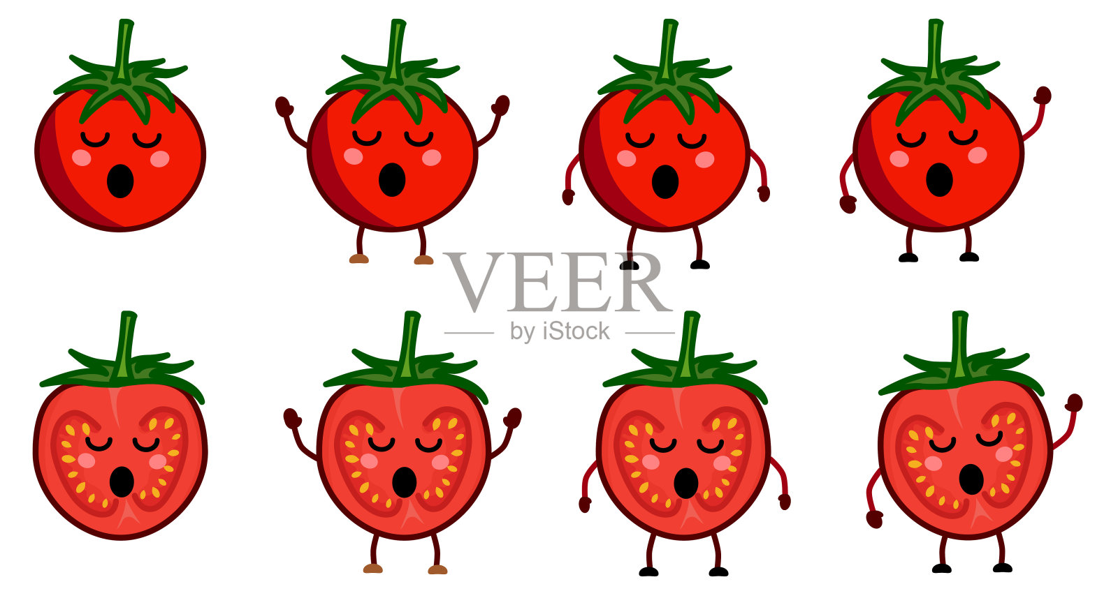可爱可爱的番茄图标，闭着眼睛，张开嘴。版本的手举起，放下和挥舞设计元素图片