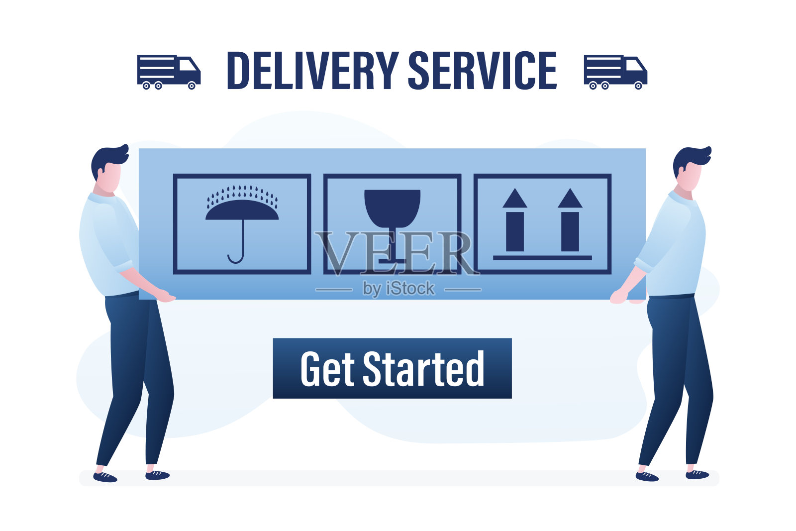 快速交付货物给买家，登陆页面模板。男工人搬运大纸箱。包裹的迹象。搬迁服务。插画图片素材