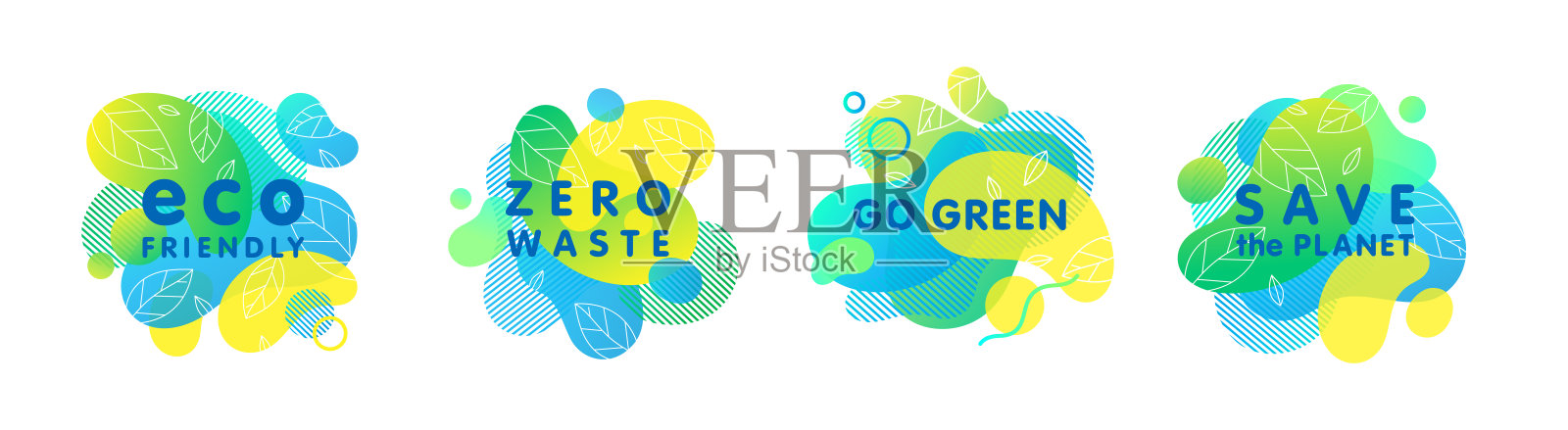 集生物，生态，有机，自然贴纸，补丁，标志与绿色梯度形状插画图片素材