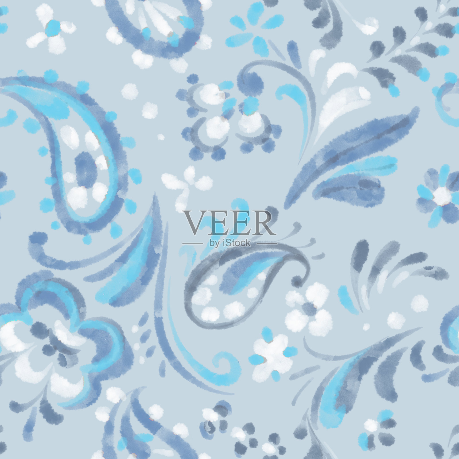 水彩花卉夏季点缀。民族民间图案。佩斯利的风格。草甸植物、花、草本植物和花瓣。时尚无缝设计印花，纺织品，织物，包装和壁纸。插画图片素材