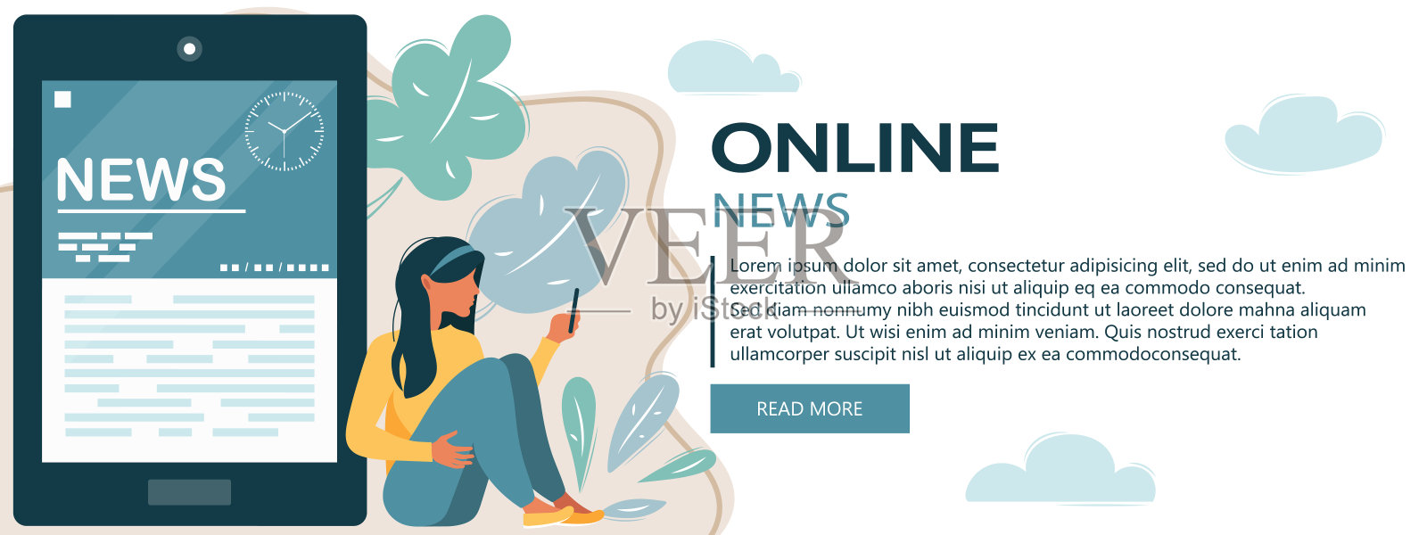 矢量插图。扁头。在线新闻横幅。通讯和信息。商业和市场新闻。木桌上放着财务报告和咖啡插画图片素材