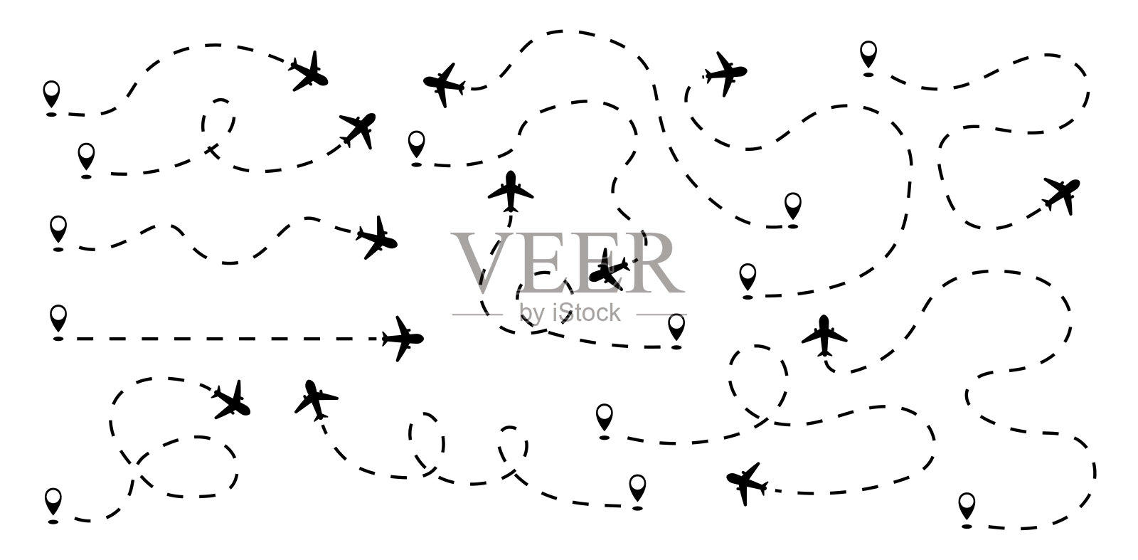 平面与路径线集向量插图。飞机飞行路线。插画图片素材
