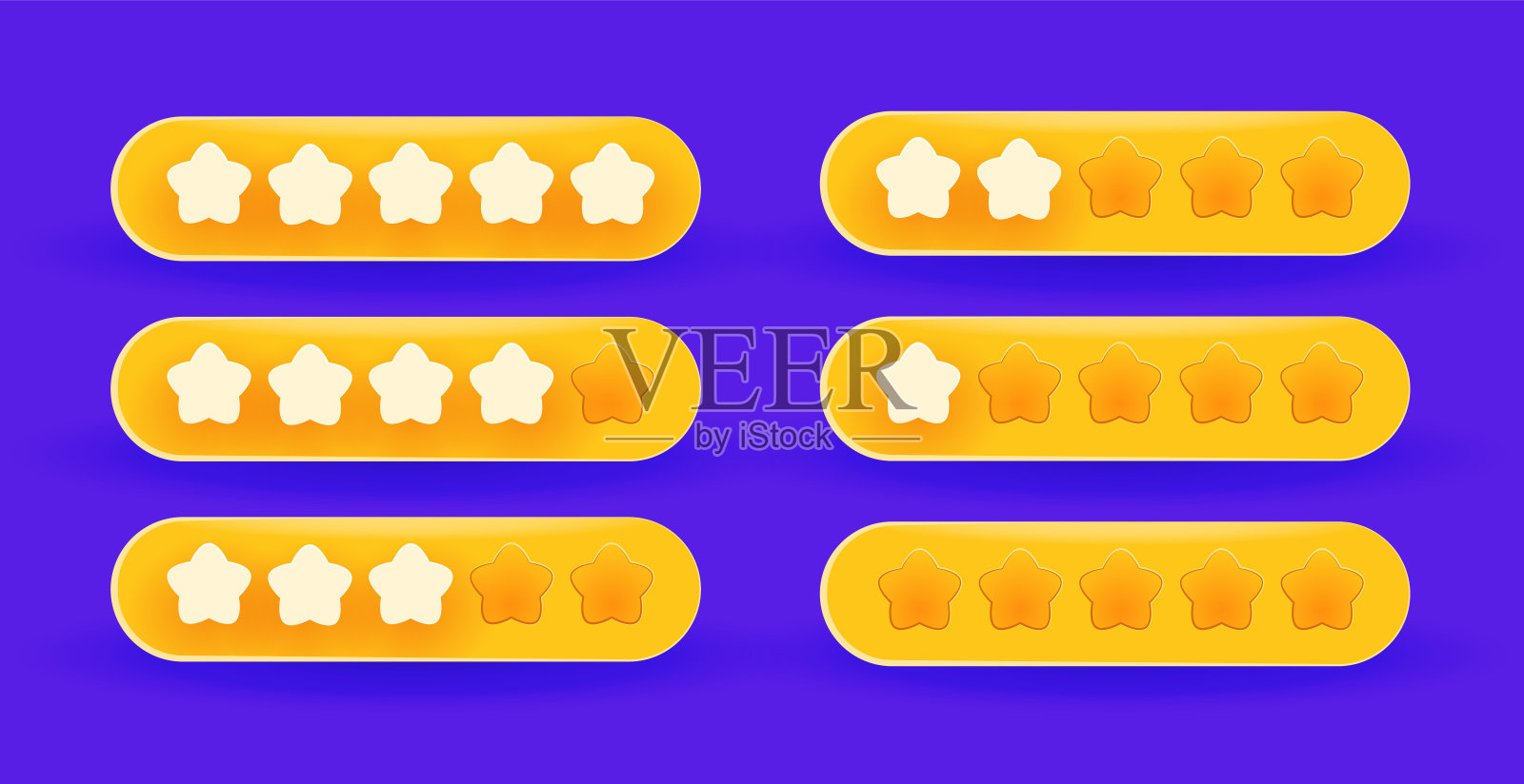 向量星评级。6个投票模板，用于客户评价或投票。五颗星。产品评级或客户满意度。图标素材