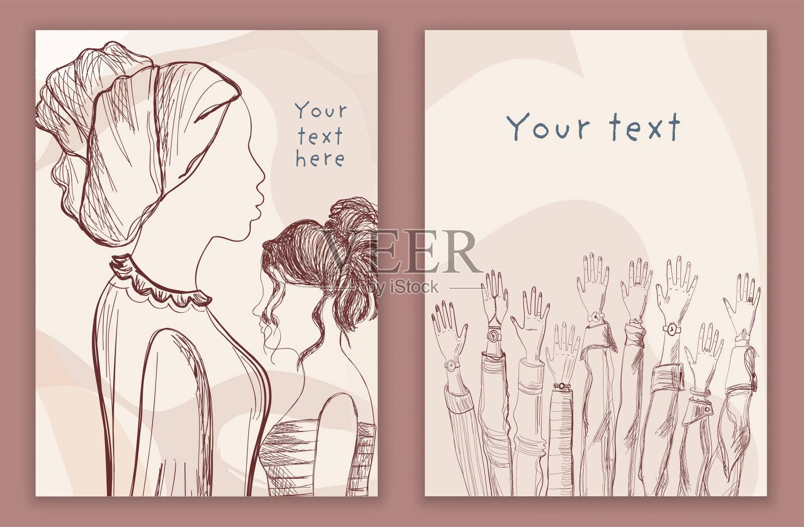 把不同的妇女和女孩聚集在一起。多文化女性素描。女性社交网络社区。种族平等。Allyship。赋权。头和手。小册子-海报-可编辑的模板插画图片素材