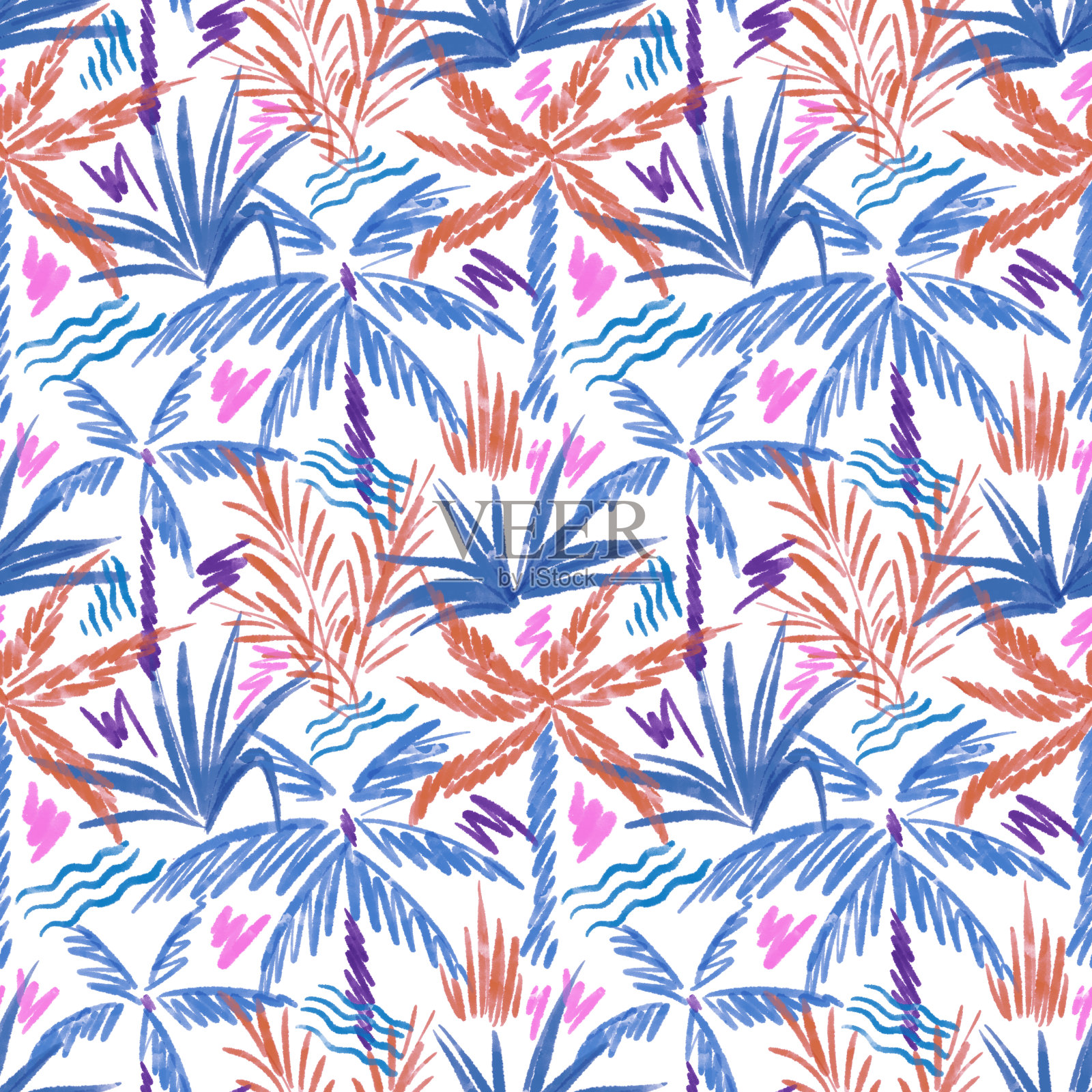 棕榈树无缝图案。热带的背景。手绘的外来热带植物。简单的设计草图。夏季假期夏威夷插图为t恤，衣服，织物，纺织品。设计元素图片