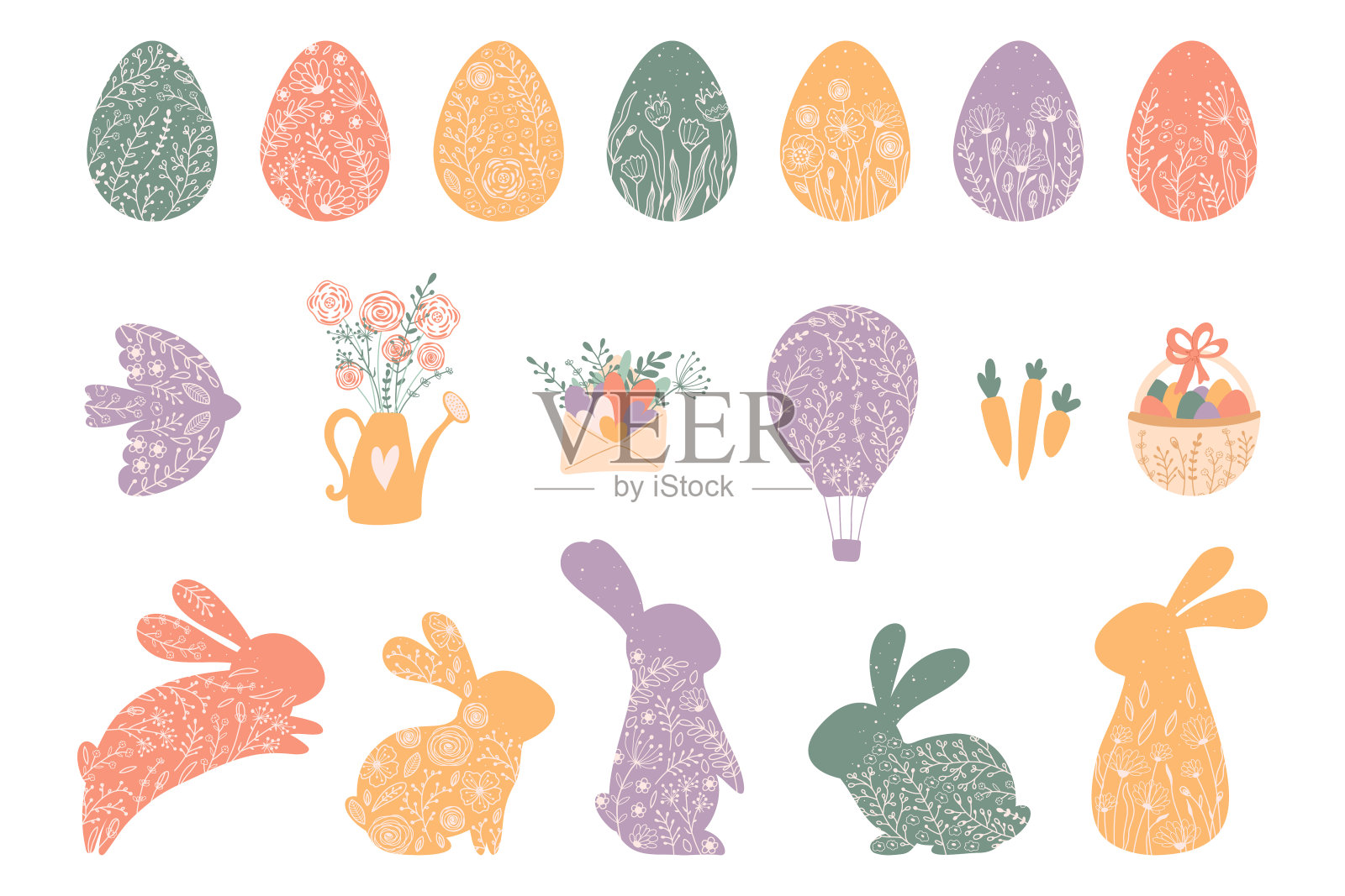 设置剪影复活节蛋和兔子在平坦的风格。插图彩色的野兔，彩虹，喷壶，篮子在柔和的颜色。向量插画图片素材