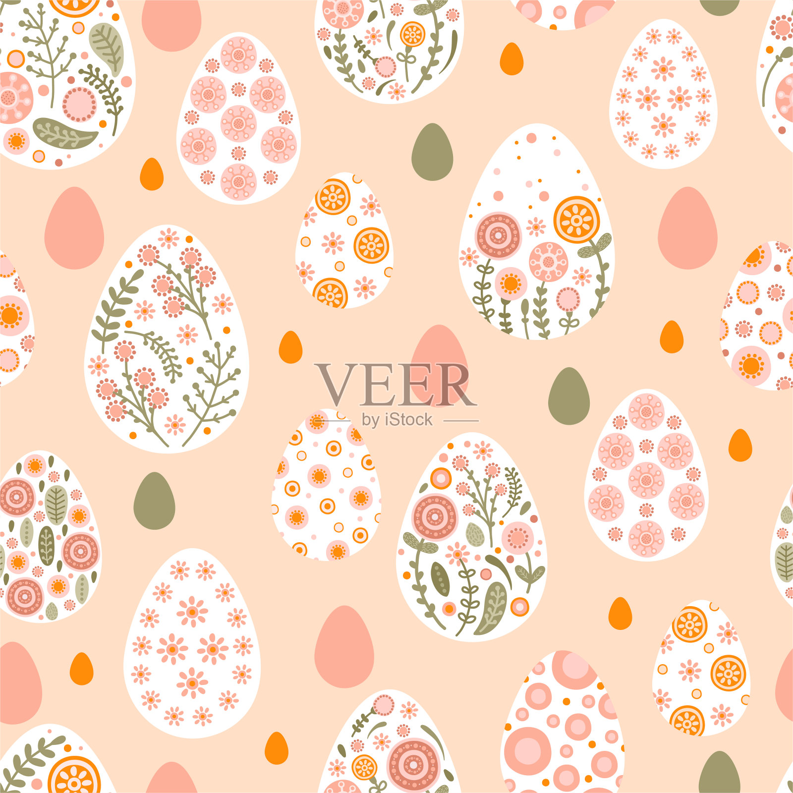 无缝图案剪影复活节蛋和花在平坦的风格。插画色彩丰富的春蛋在民间风格为壁纸，织物，纺织品，包装纸设计。向量插画图片素材
