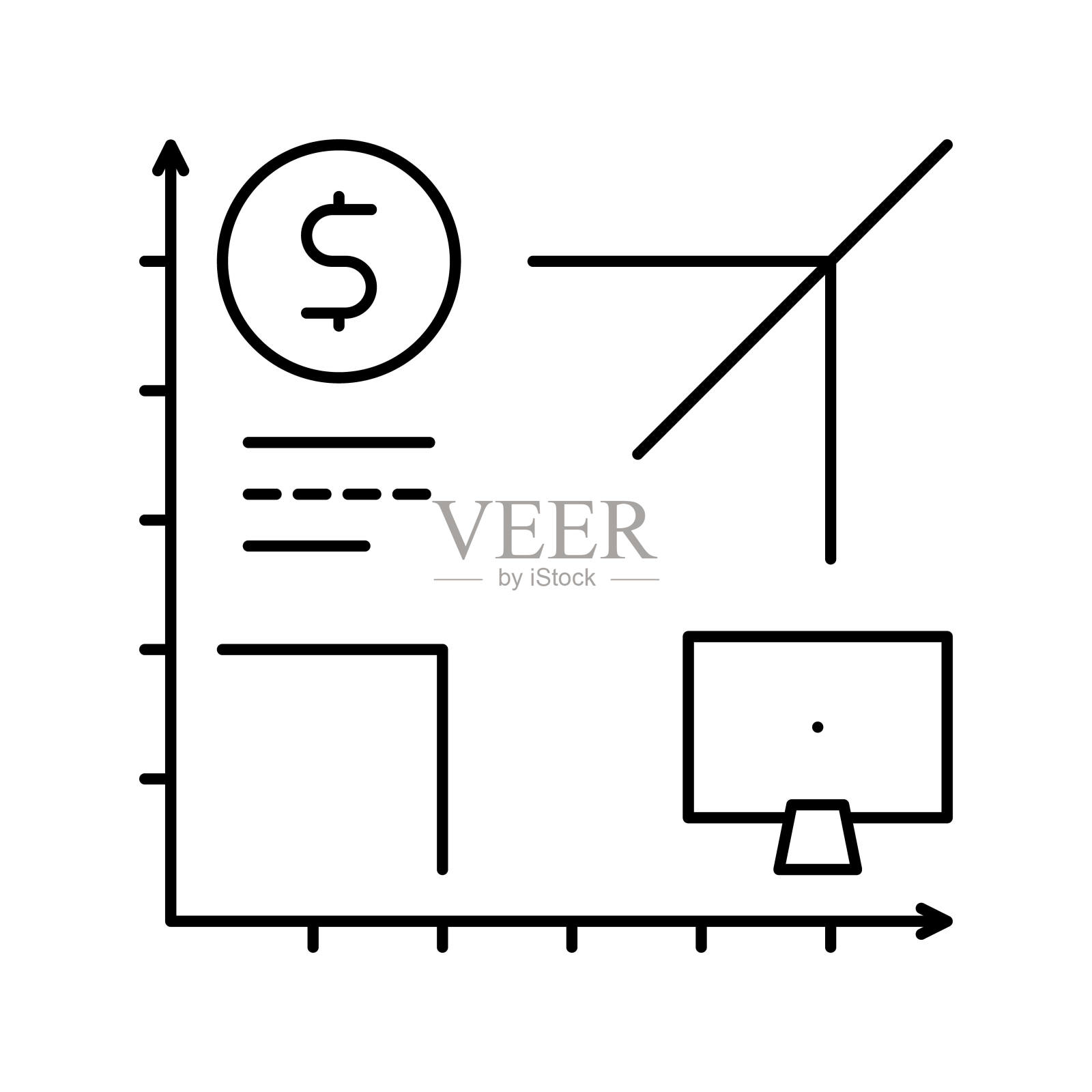 工作时间与计算机线图标矢量插图图标素材