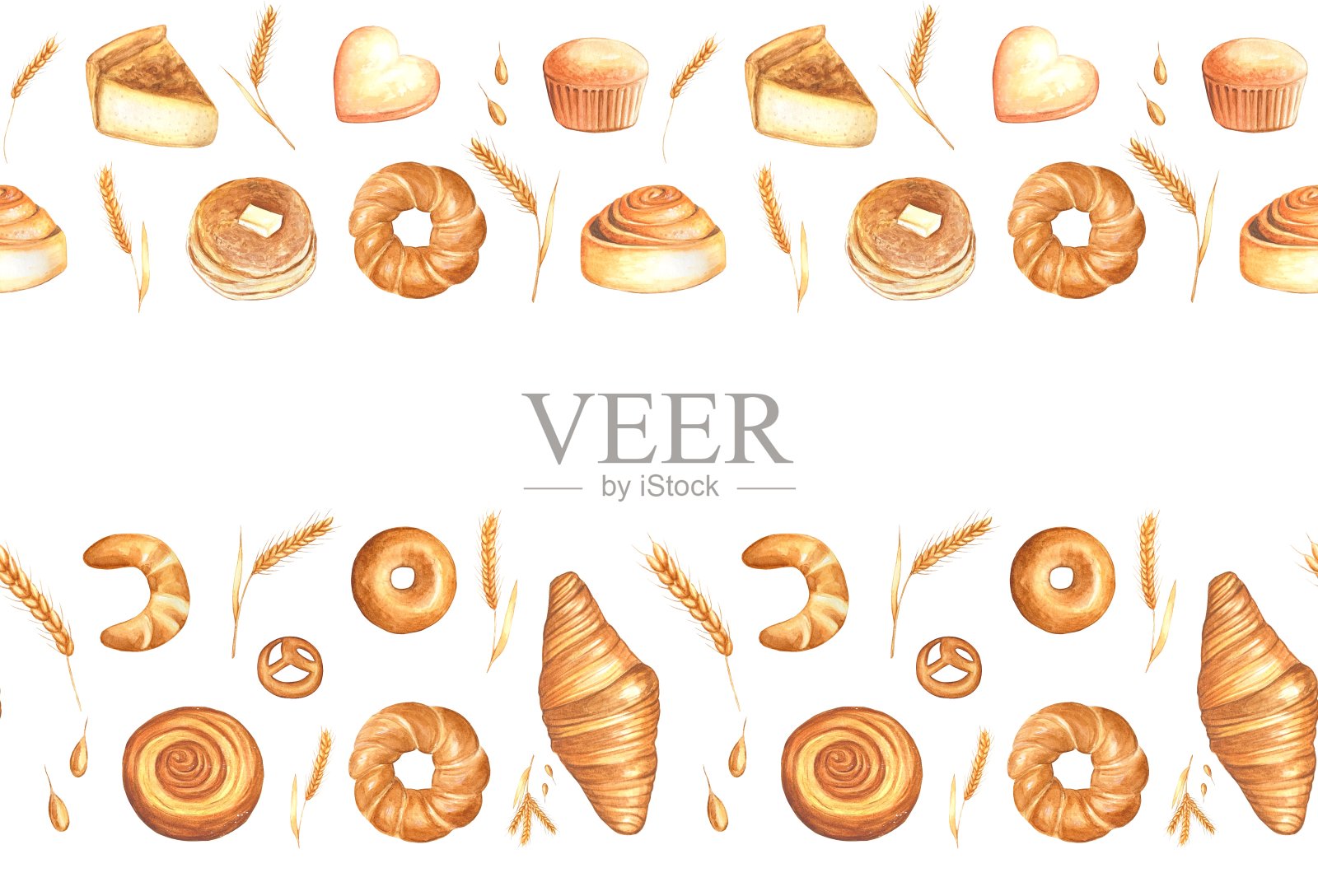 水彩无缝边界与烘焙产品。插画图片素材