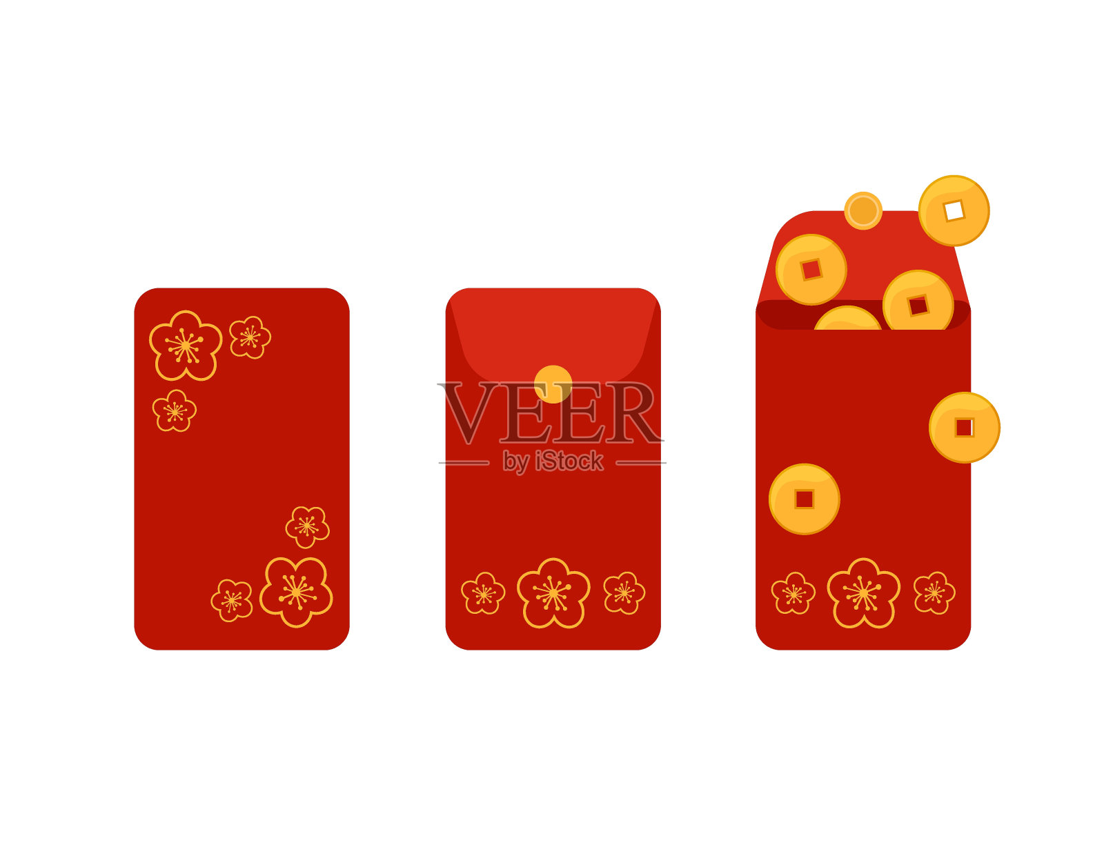 红包孤立。向量集中国节日红色信封与樱花装饰。传统的春节、生日、婚礼和其他节日用硬币、压岁钱作为礼物。平的插图插画图片素材