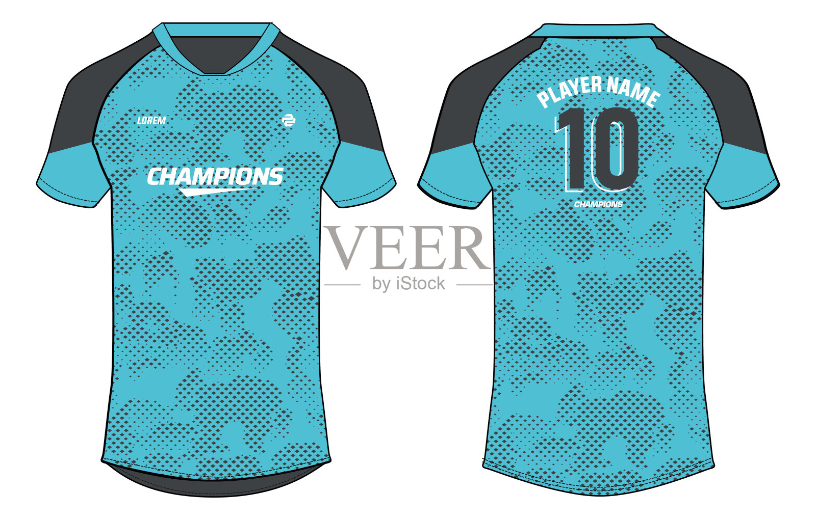 迷彩图案运动运动衫t恤设计平面素描插图，足球运动衫概念与前和后视图板球，足球，排球，橄榄球，网球和羽毛球制服插画图片素材