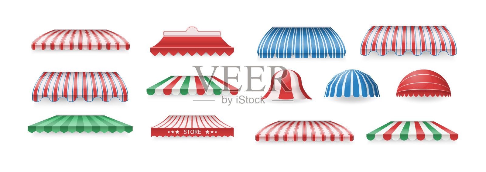 彩色条纹雨篷套装。复古商店的街道边界上的门窗百叶窗遮帘插画图片素材