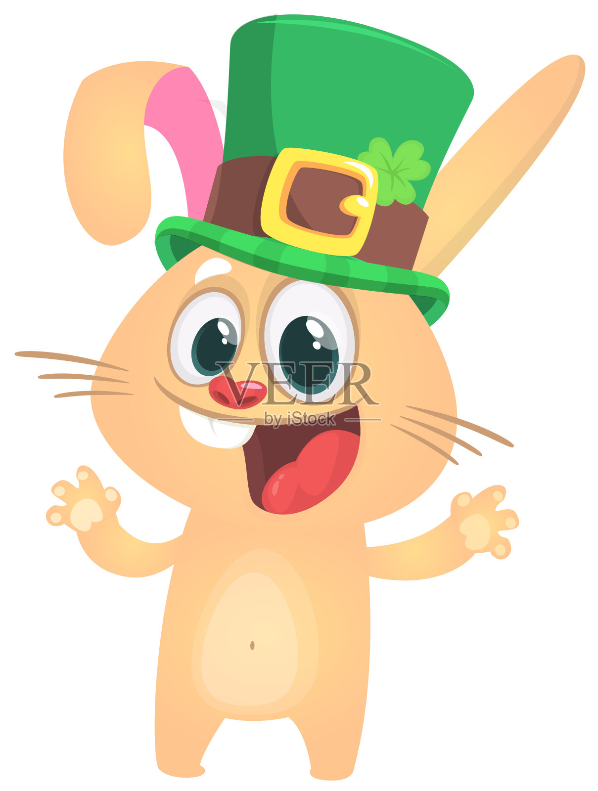 卡通快乐的兔子角色，戴着带有三叶草的圣帕特里克帽子。圣帕特里克节矢量插图设计元素图片