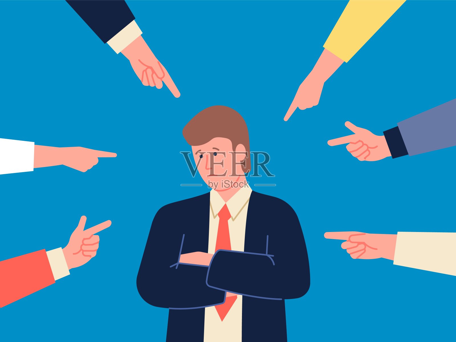 欺凌工作。公司指责、办公室敌意和恐惧。疲惫抑郁的人，受欺负的员工男性。手表示人最近的矢量概念插画图片素材