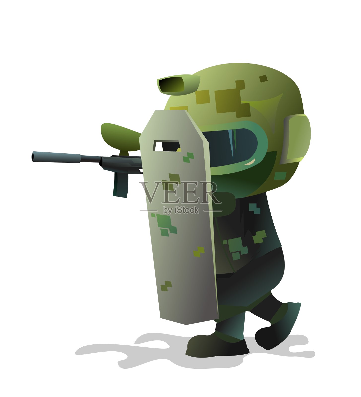 战士彩弹玩家攻击并躲在盾牌后面。滑稽有趣的性格。头盔，面罩和制服。孤立的白色背景。向量设计元素图片