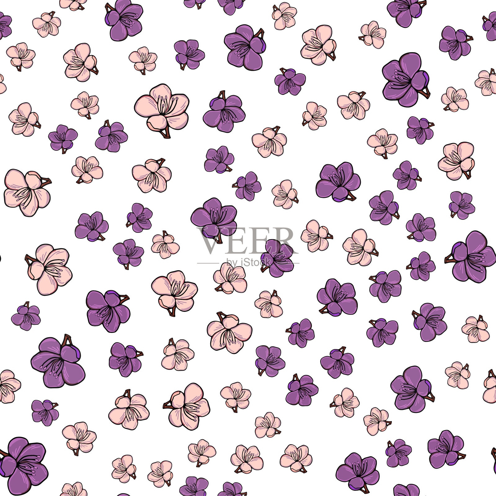 开花的杏仁。向量无缝图案与樱花。春天的花朵纹理。插画图片素材