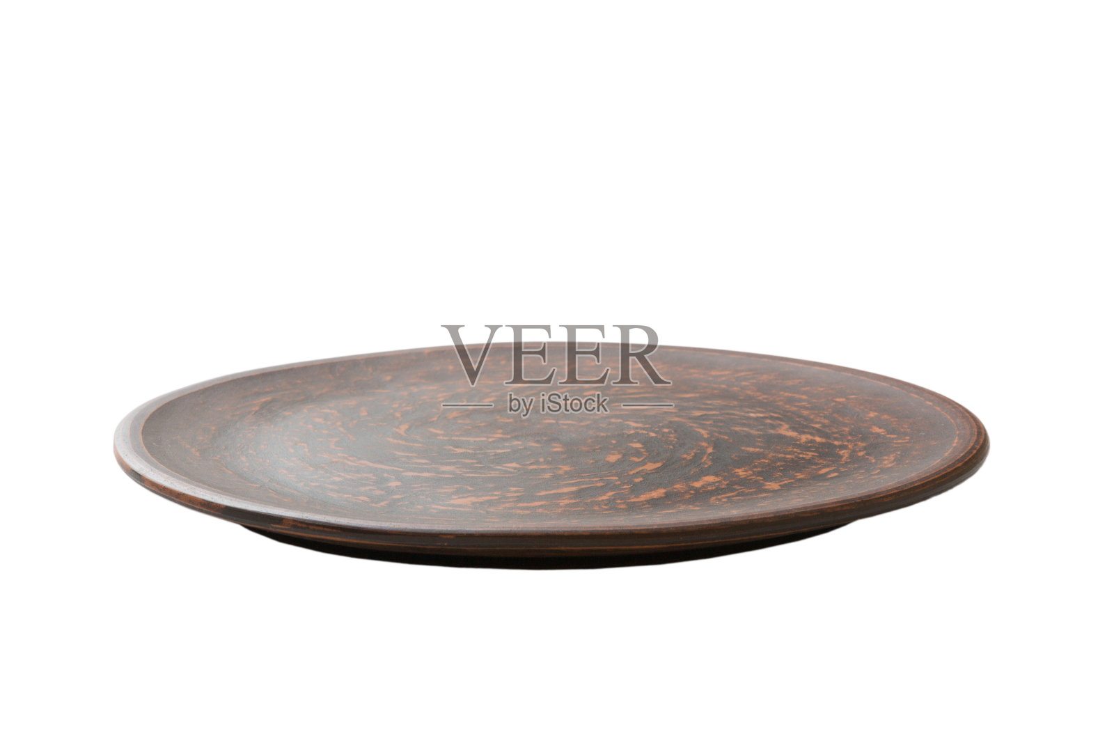 棕色陶瓷圆板孤立的白色背景。透视图照片摄影图片