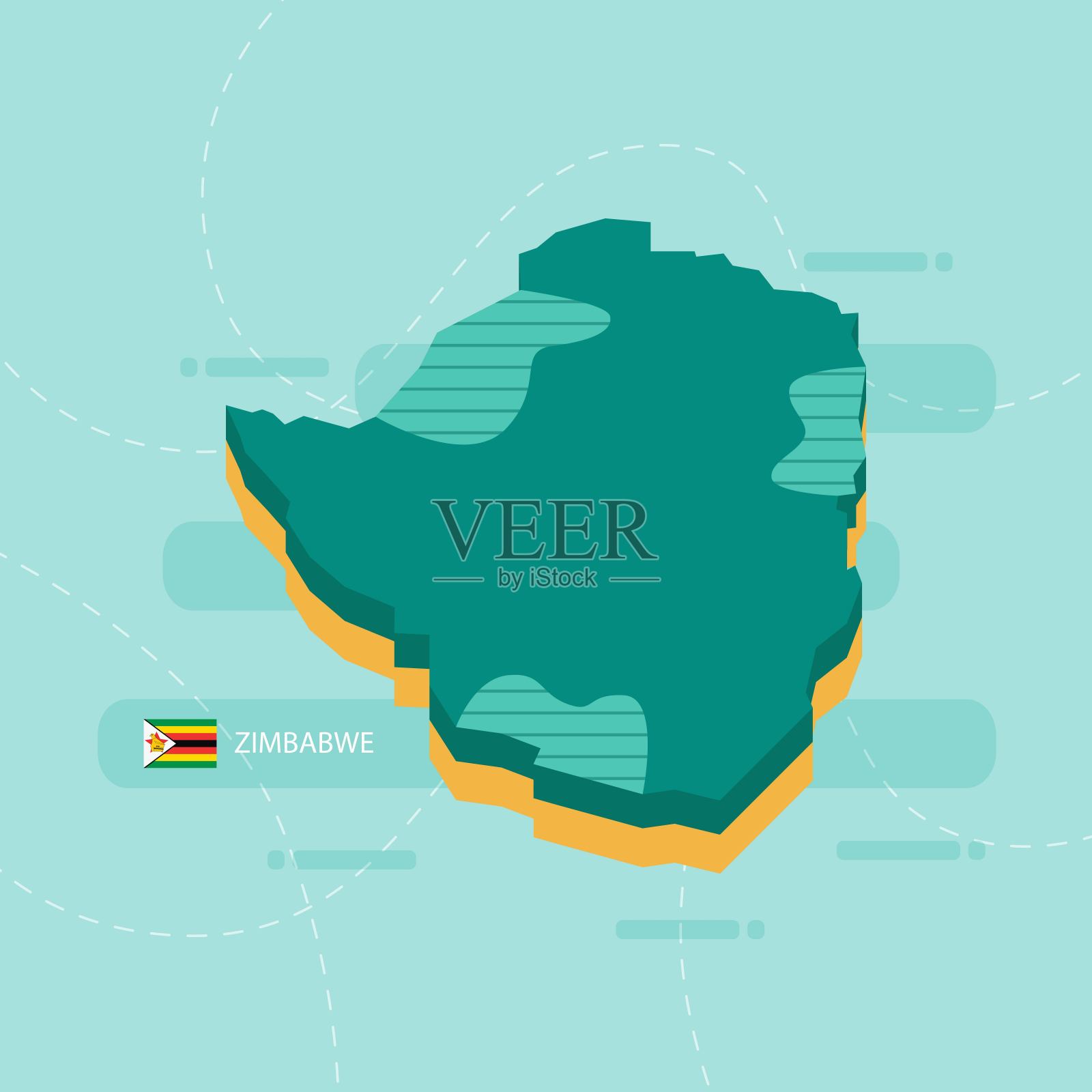 在浅绿色背景和破折号上标有国家名称和国旗的津巴布韦三维矢量地图。插画图片素材