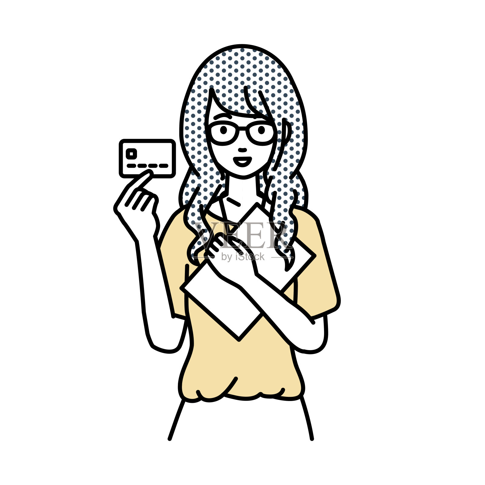 一个女老师拿着信用卡和一个文件笔记本电脑插画图片素材