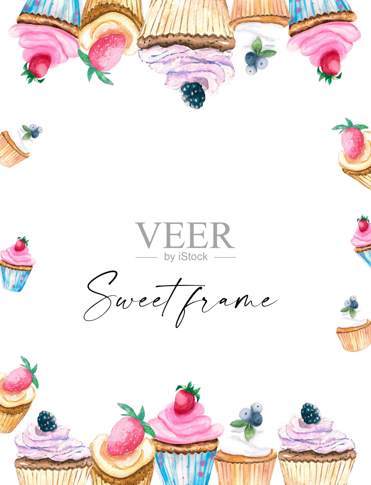 水彩模板。由水彩甜点制成的框架。用甜纸杯蛋糕镶边插画图片素材